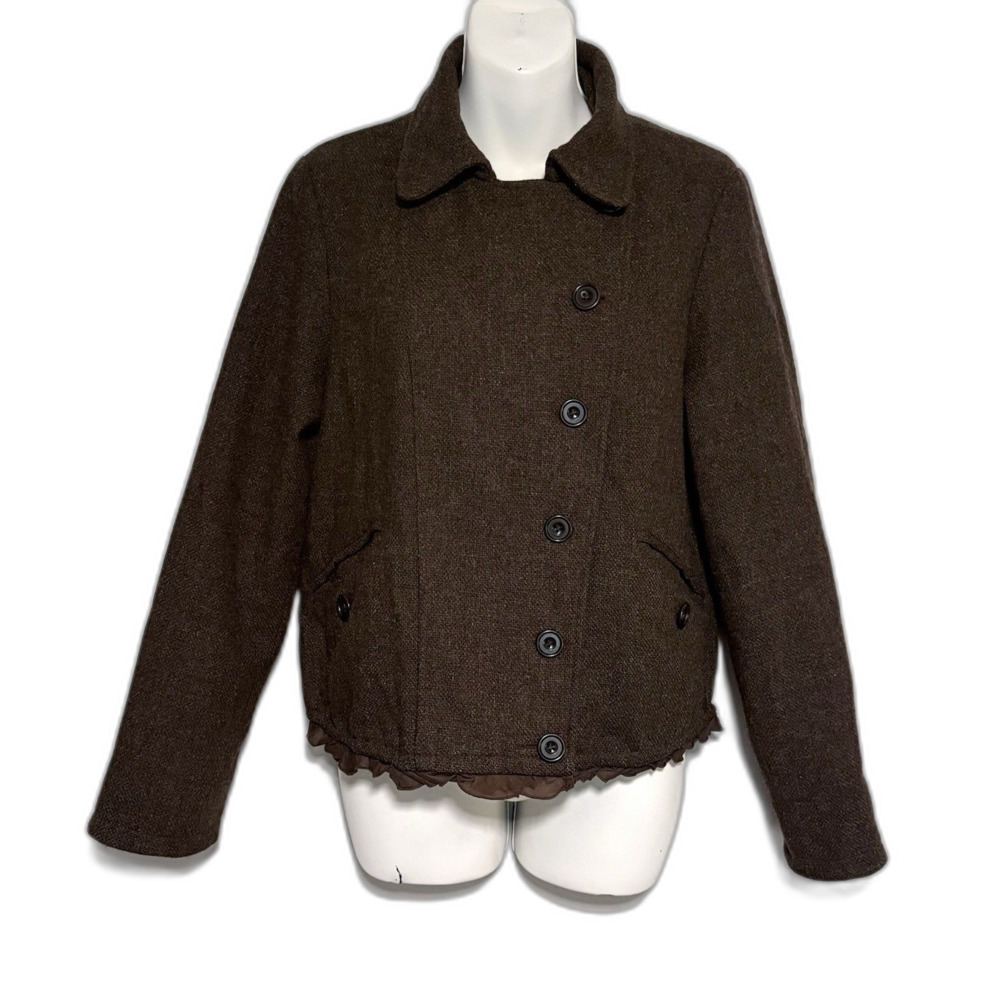 Gap 100% Wool Crop Pea Coat Bomber Sz M Chocolate Brown Tweed Ruffle Hem